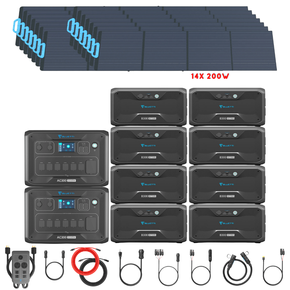 Bluetti [DUAL] AC300 6,000W 240V Split Phase + B300 Batteries + Solar Panels Complete Solar Generator Kit - BP-AC300[2]+P030A+B300[8]+PV200[14]+RS-50102[4] - Avanquil