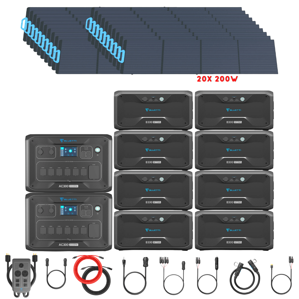 Bluetti [DUAL] AC300 6,000W 240V Split Phase + B300 Batteries + Solar Panels Complete Solar Generator Kit - BP-AC300[2]+P030A+B300[8]+PV200[20]+RS-50102[4] - Avanquil