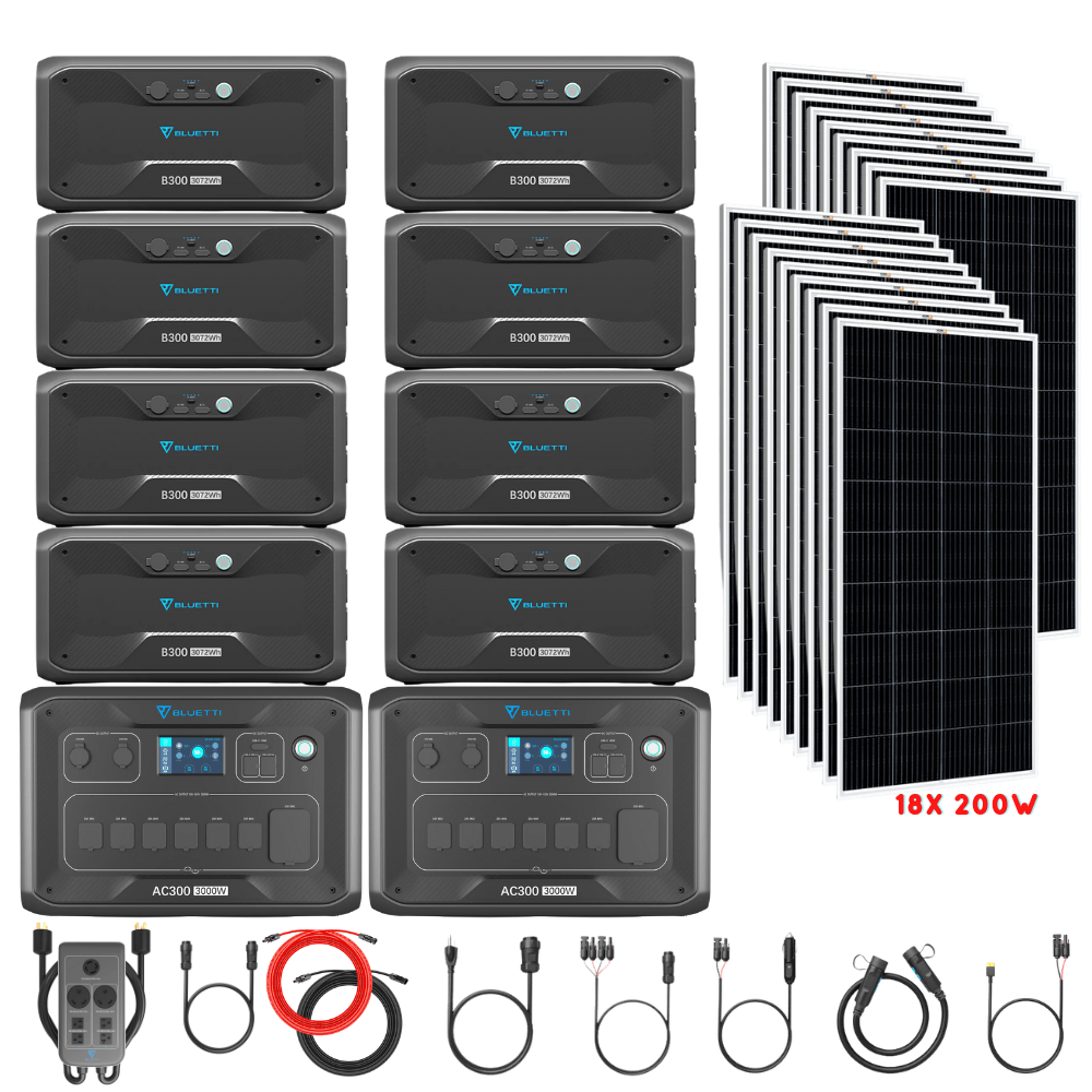 Bluetti [DUAL] AC300 6,000W 240V Split Phase + B300 Batteries + Solar Panels Complete Solar Generator Kit - BP-AC300[2]+P030A+B300[8]+RS-M200[18]+RS-50102[4] - Avanquil