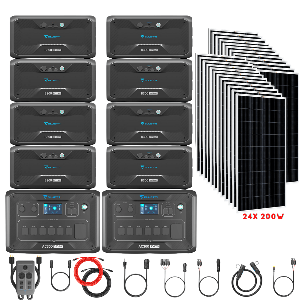 Bluetti [DUAL] AC300 6,000W 240V Split Phase + B300 Batteries + Solar Panels Complete Solar Generator Kit - BP-AC300[2]+P030A+B300[8]+RS-M200[24]+RS-50102[4] - Avanquil