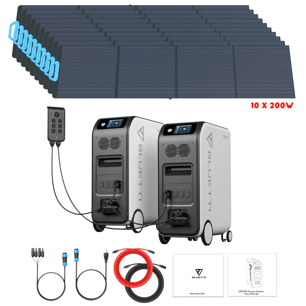Bluetti [DUAL] EP500 4,000W 10,200Wh 120/240V Output + Solar Panels Complete Solar Generator Kit - BP-EP500[2]+BP-P020A+PV200[10]+RS-50102[2] - Avanquil