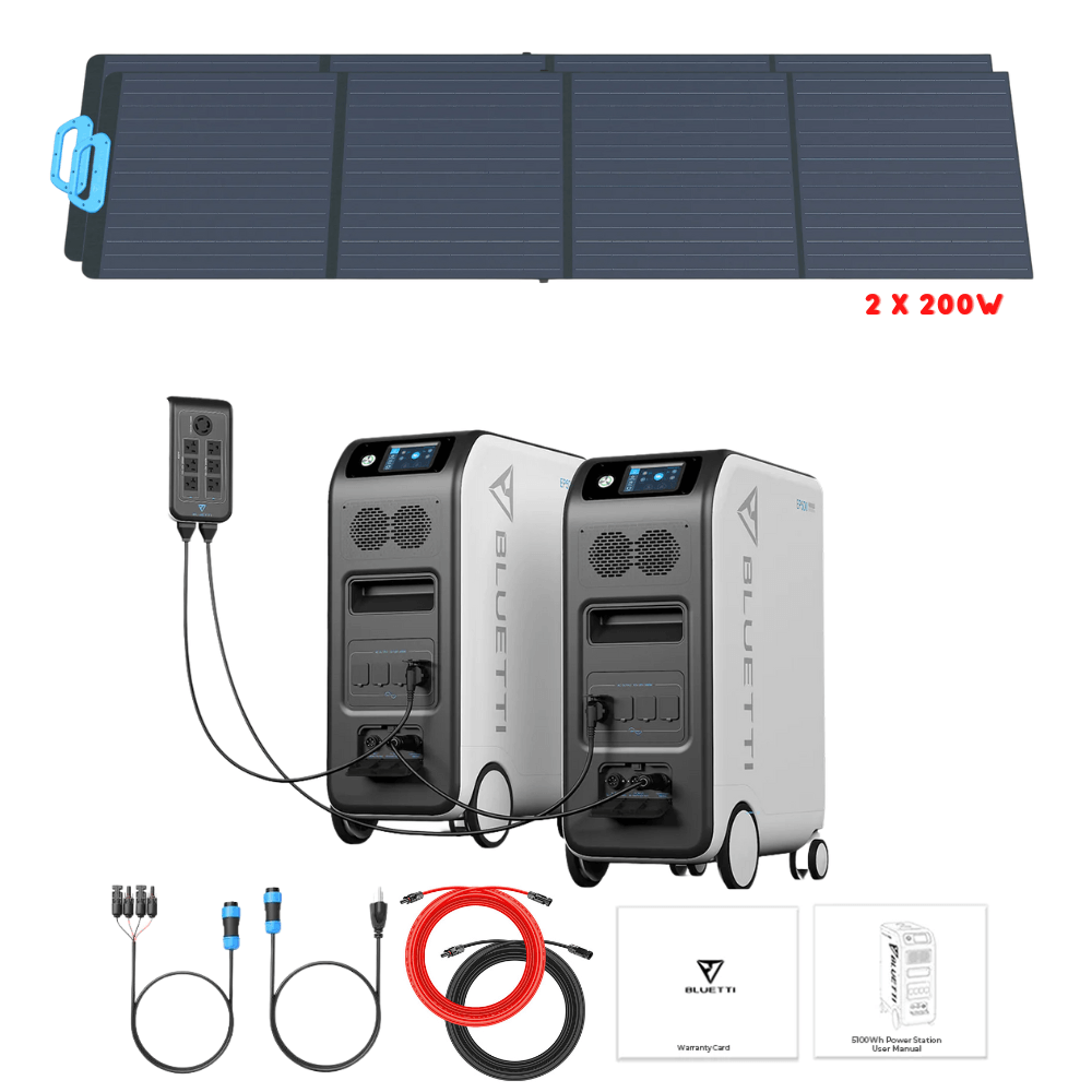 Bluetti [DUAL] EP500 4,000W 10,200Wh 120/240V Output + Solar Panels Complete Solar Generator Kit - BP-EP500[2]+BP-P020A+PV200[2]+RS-50102[2] - Avanquil