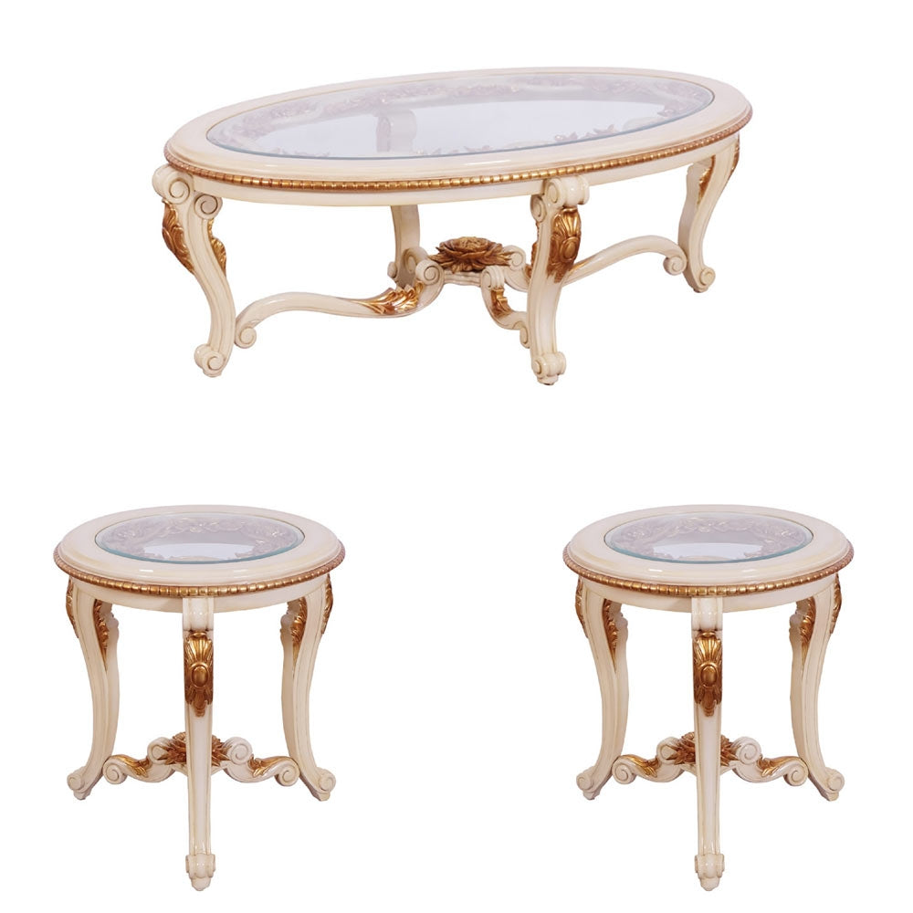 European Furniture - Veronica III 3 Piece Luxury Occasional Table Set in Antique Beige and Antique Dark Gold leaf - 47072-CT-ET - New Star Living