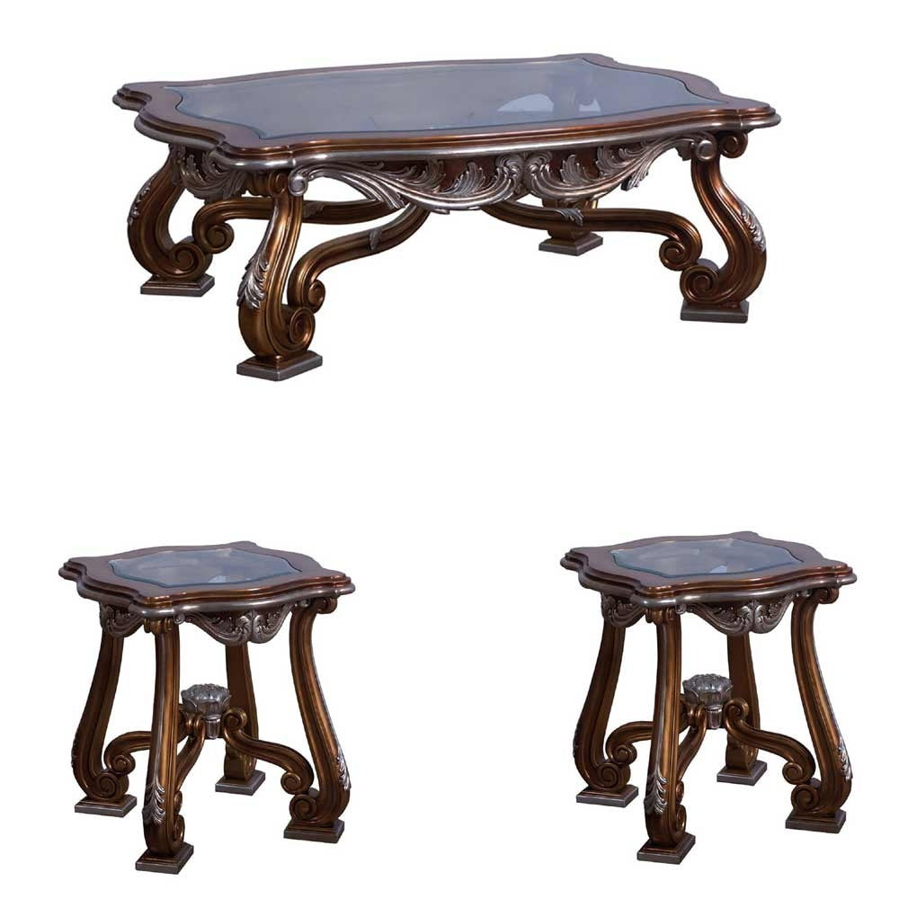 European Furniture - Augustus II 3 Piece Luxury Occasional Table Set in Light Gold & Antique Silver - 37059-CT-ET - New Star Living