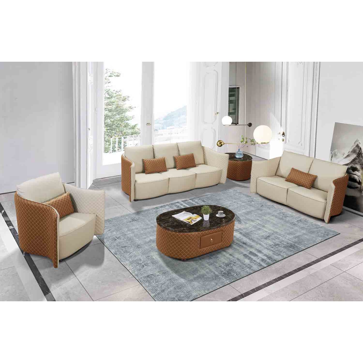 European Furniture - Makassar 3 Piece Living Room Set in Sand Beige & Orange - 52552-3SET - New Star Living