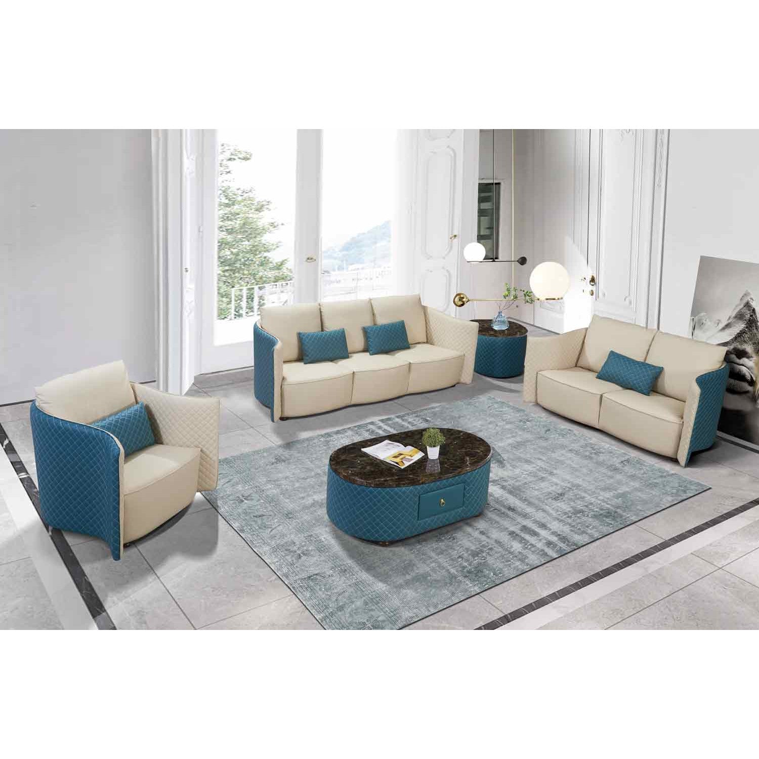 European Furniture - Makassar 3 Piece Living Room Set in Sand Beige & Blue - 52554-3SET - New Star Living