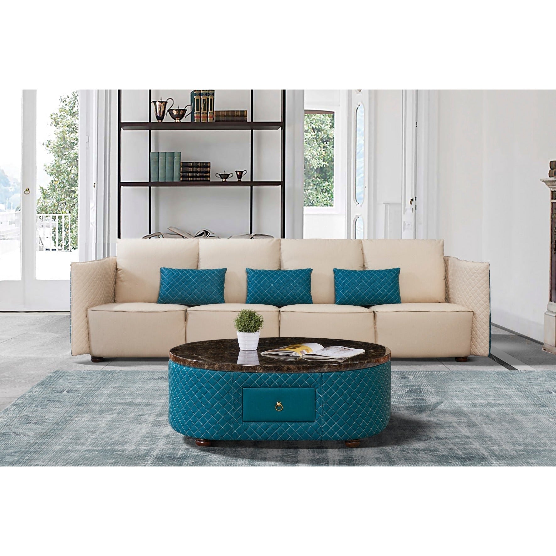 European Furniture - Makassar Oversize Sofa in Sand Beige & Blue - 52554-4S - New Star Living