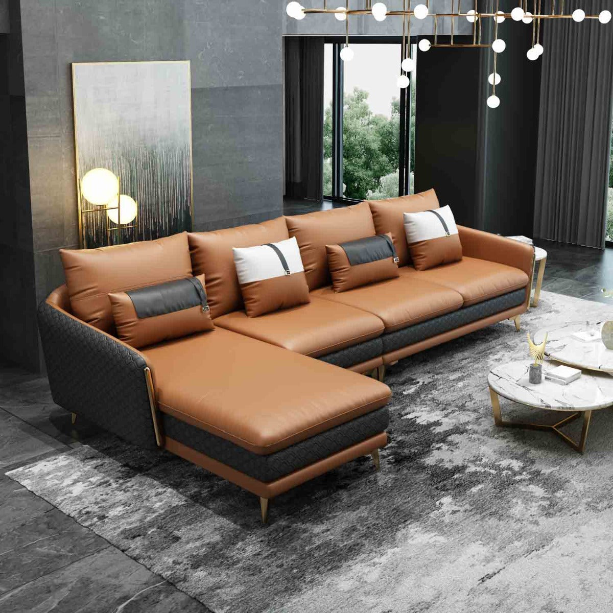 European Furniture - Icaro Left Hand Facing Sectional in Camel-Dark Grey - 64431L-4LHF - New Star Living