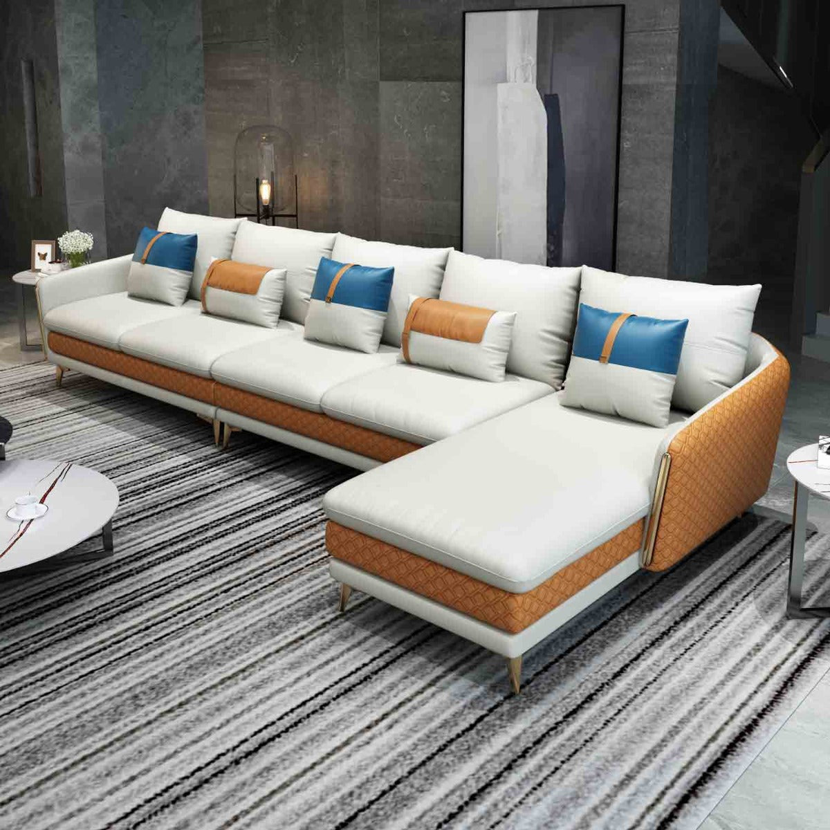 European Furniture - Icaro Mansion Sectional in Off White-Orange - 64433R-5RHF - New Star Living