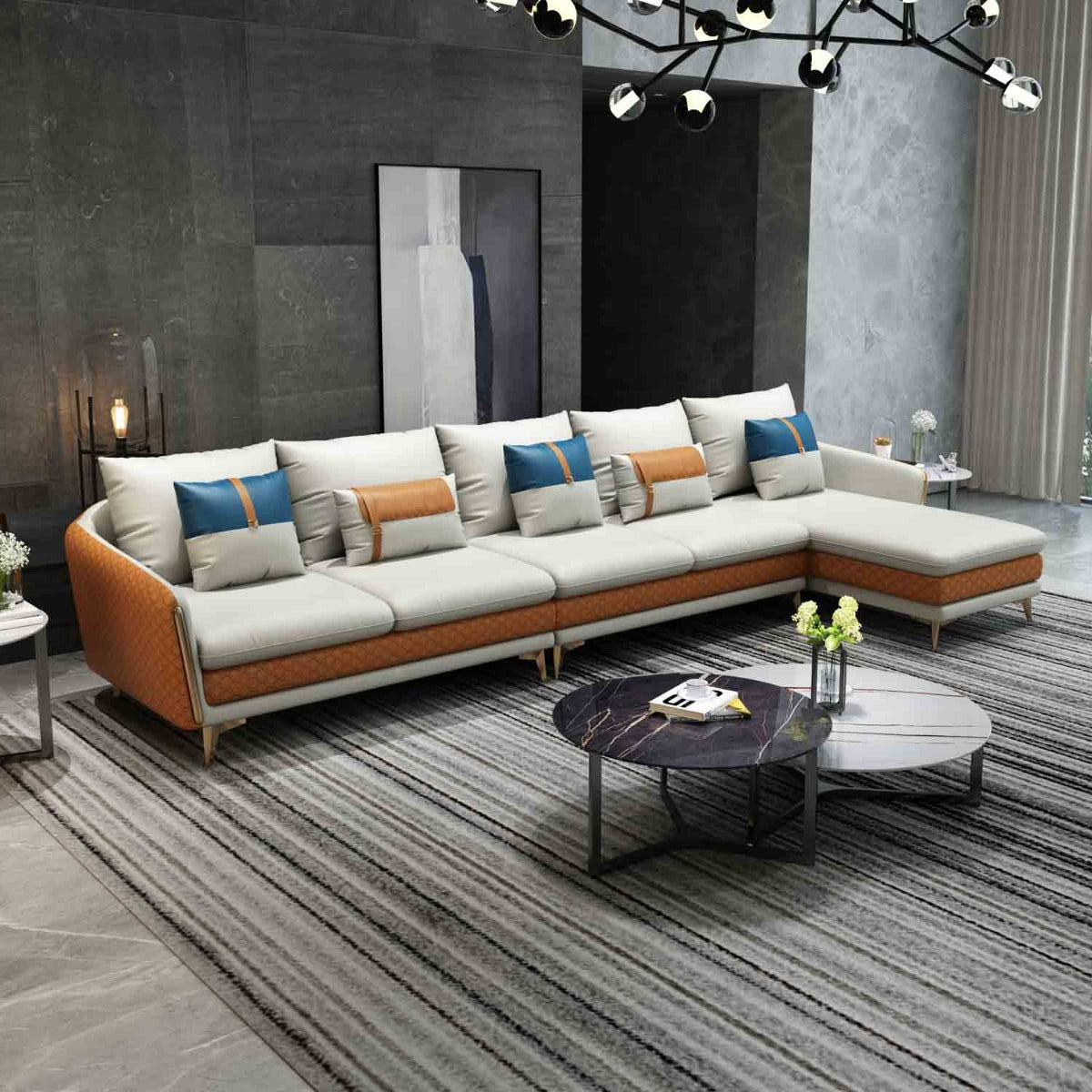 European Furniture - Icaro Mansion Sectional in Off White-Orange - 64433R-5RHF - New Star Living