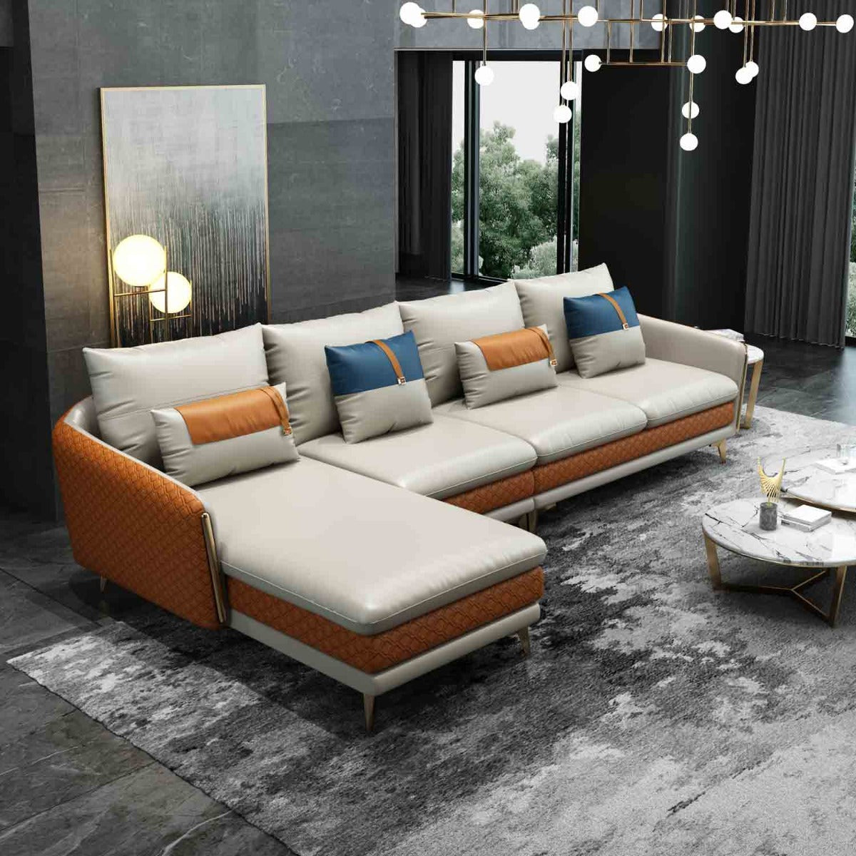 European Furniture - Icaro Left Hand Facing Sectional in Off White-Orange - 64435L-4LHF - New Star Living