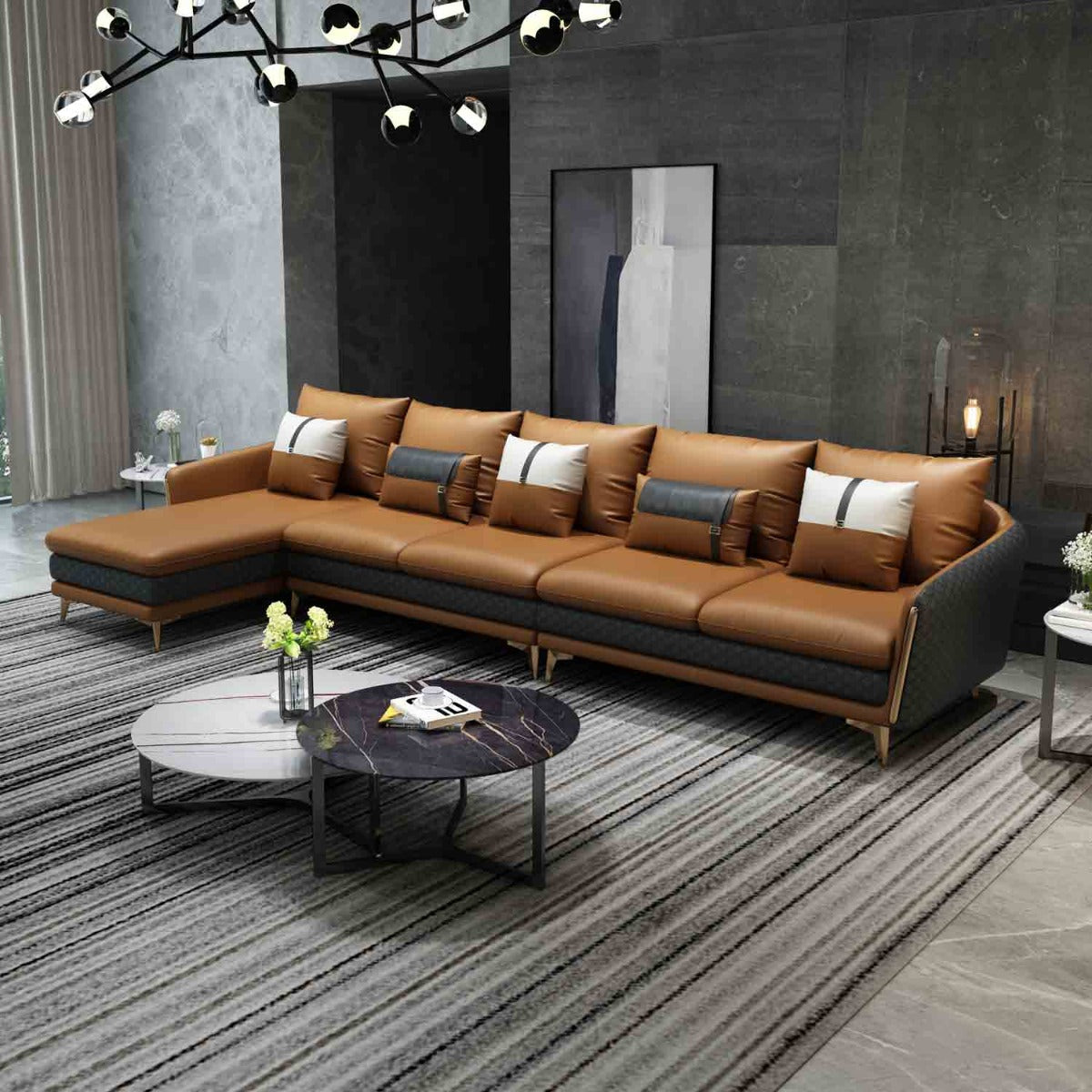 European Furniture - Icaro Mansion Left Hand Facing Sectional in Camel-Dark Grey - 64436L-5LHF - New Star Living