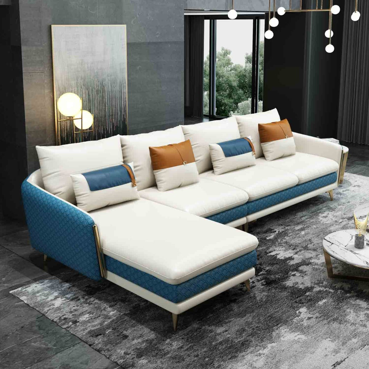 European Furniture - Icaro Left Hand Facing Sectional in Off White-Blue - 64437L-4LHF - New Star Living