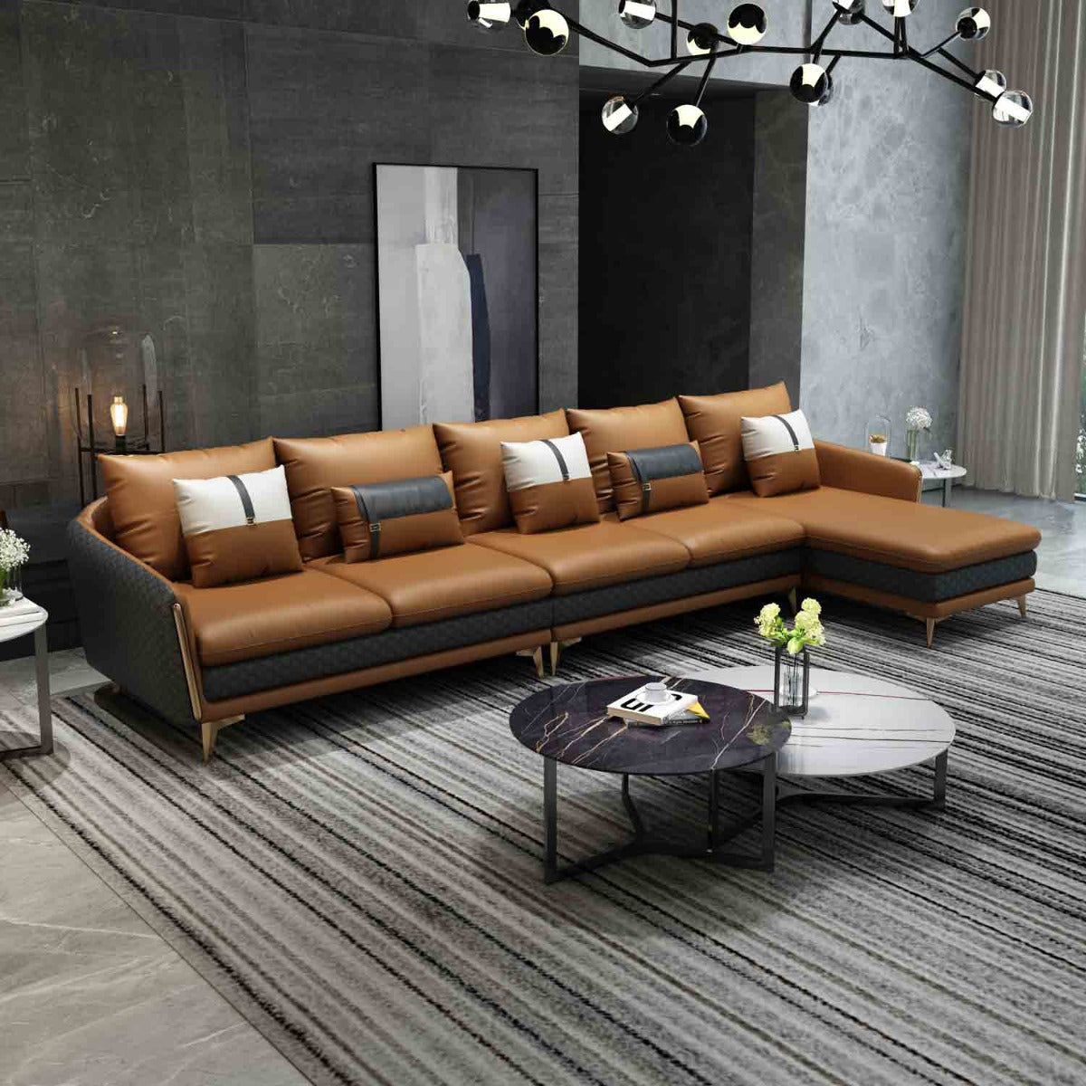 European Furniture - Icaro Mansion Right Hand Facing Sectional in Camel-Dark Grey - 64438R-5RHF - New Star Living