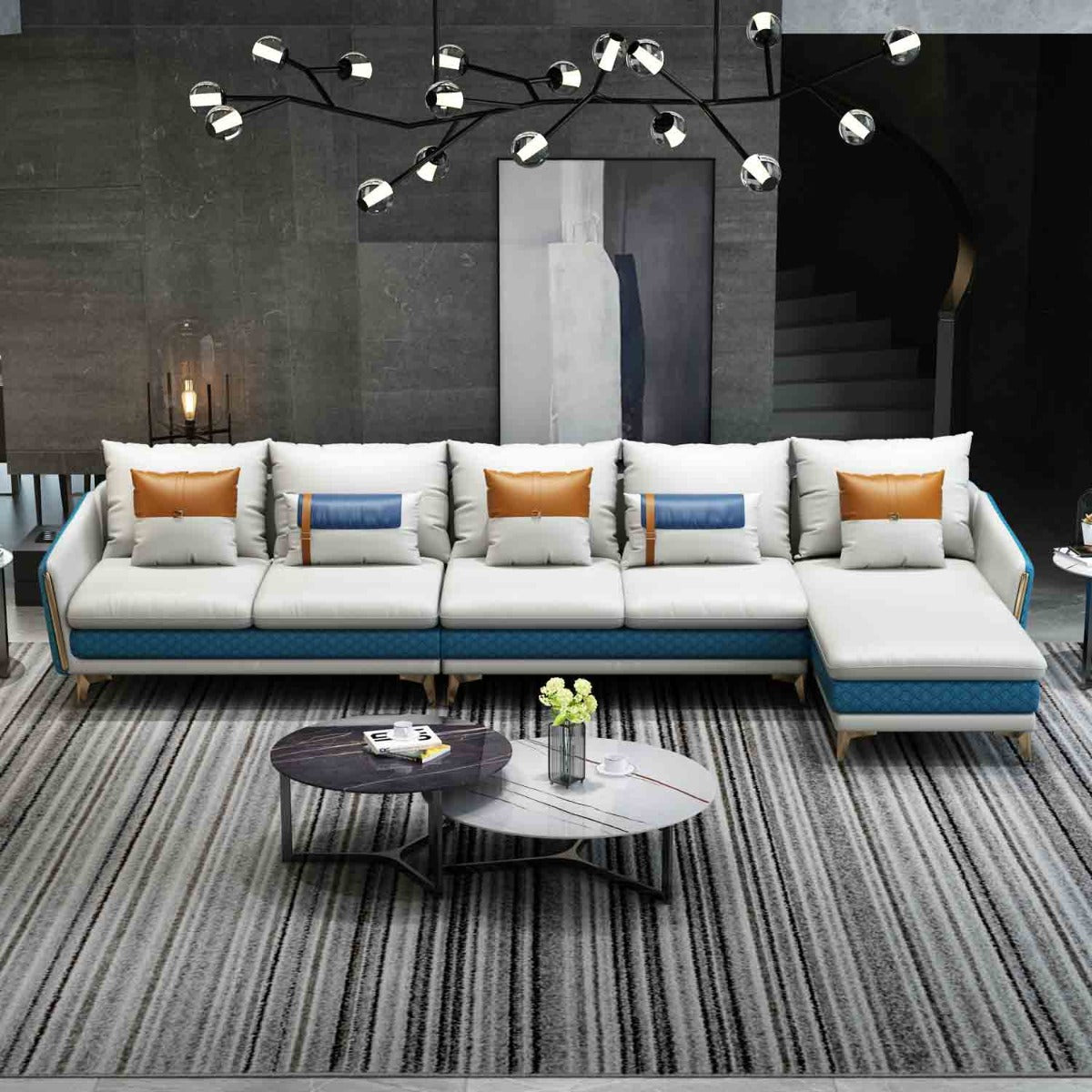 European Furniture - Icaro Mansion Sectional in Italian Leather Off White-Blue - 64439R-5RHF - New Star Living