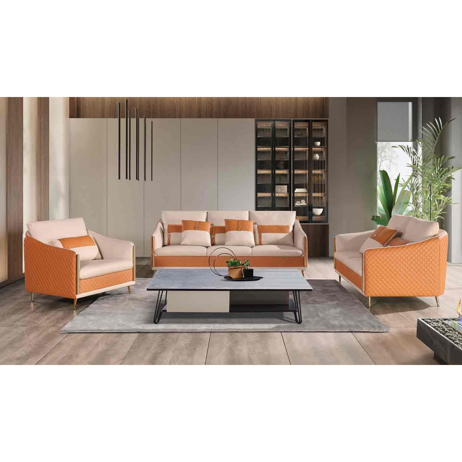 European Furniture - Icaro 3 Piece Living Room Set in Off White-Orange - 64455-3SET - New Star Living