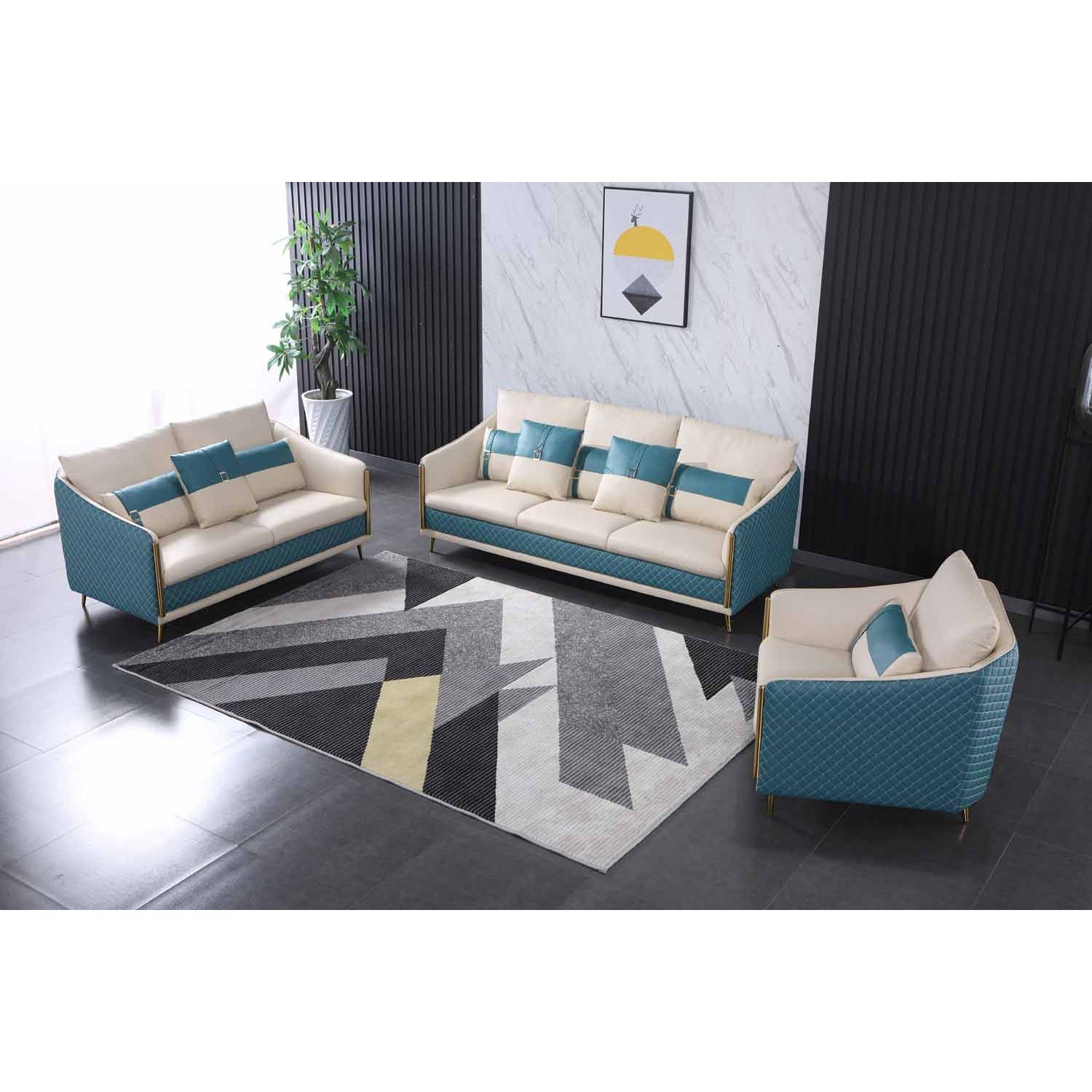 European Furniture - Icaro 3 Piece Living Room Set in Off White-Blue - 64457-3SET - New Star Living
