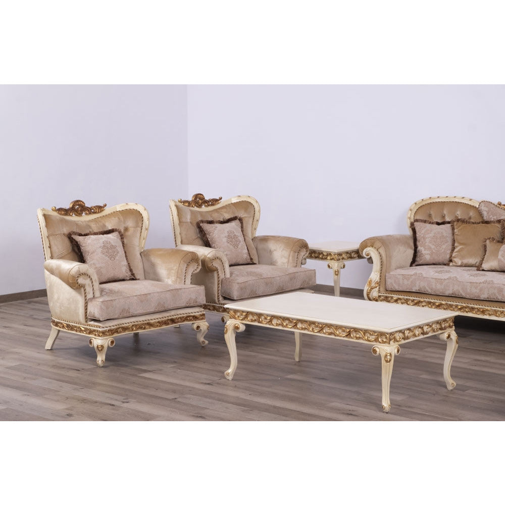 European Furniture - Fantasia 4 Piece Luxury Living Room Set in Antique Beige with Dark Gold Leaf - 40017-SL2C - New Star Living