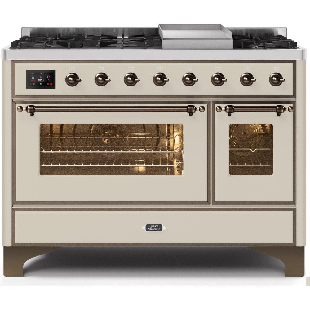 ILVE 48" Majestic II Series Freestanding Dual Fuel Double Oven Range with 8 Sealed Burners, Triple Glass Cool Door, Convection Oven, TFT Oven Control Display, Child Lock and Griddle - UM12FD - New Star Living