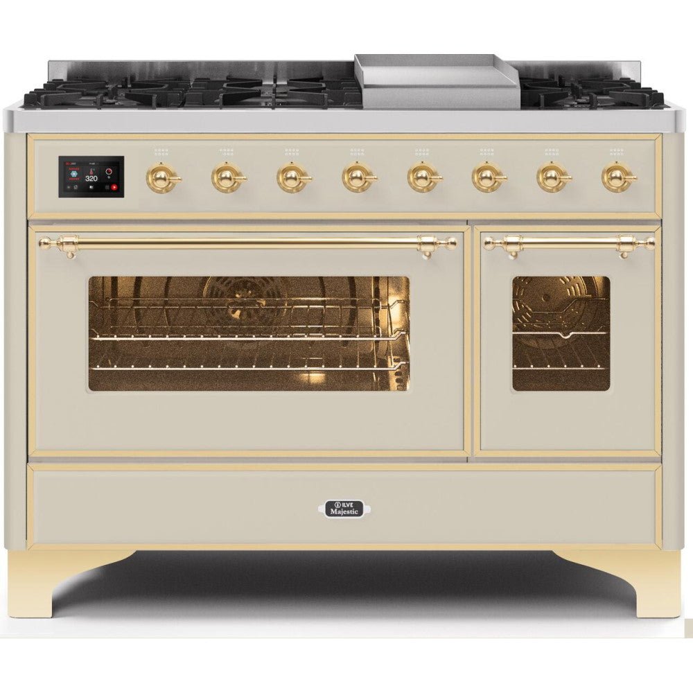 ILVE 48" Majestic II Series Freestanding Dual Fuel Double Oven Range with 8 Sealed Burners, Triple Glass Cool Door, Convection Oven, TFT Oven Control Display, Child Lock and Griddle - UM12FD - New Star Living