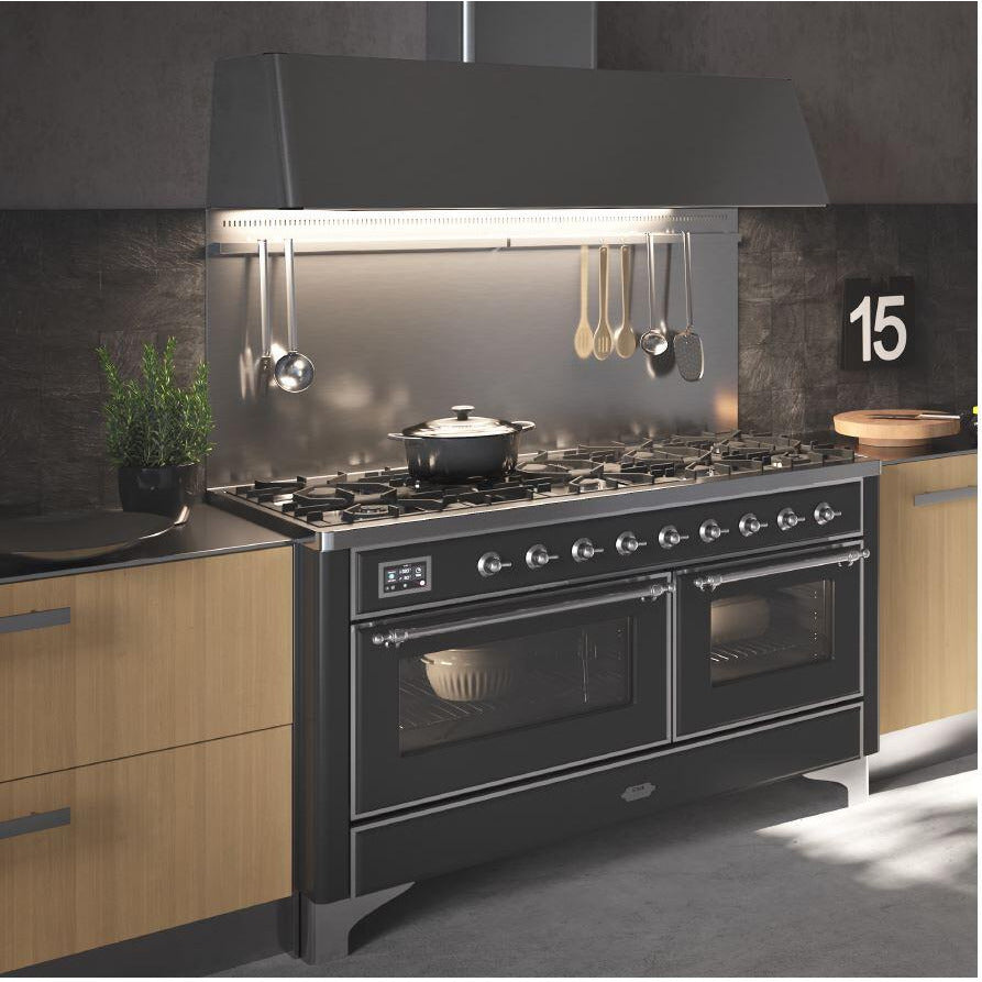 ILVE 60" Majestic II Dual Fuel Range with 9 Sealed Burners and Griddle - 5.8 cu. ft. Oven - Brass Trim in Stainless Steel (UM15FDNS3SSG) - New Star Living
