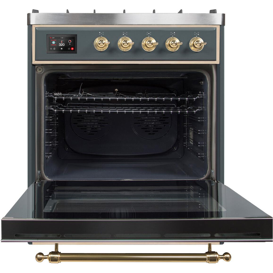 ILVE Majestic II 30 Inch Dual Fuel Natural Gas Freestanding Range in Blue Grey with Brass Trim, UM30DNE3BGGNG - New Star Living