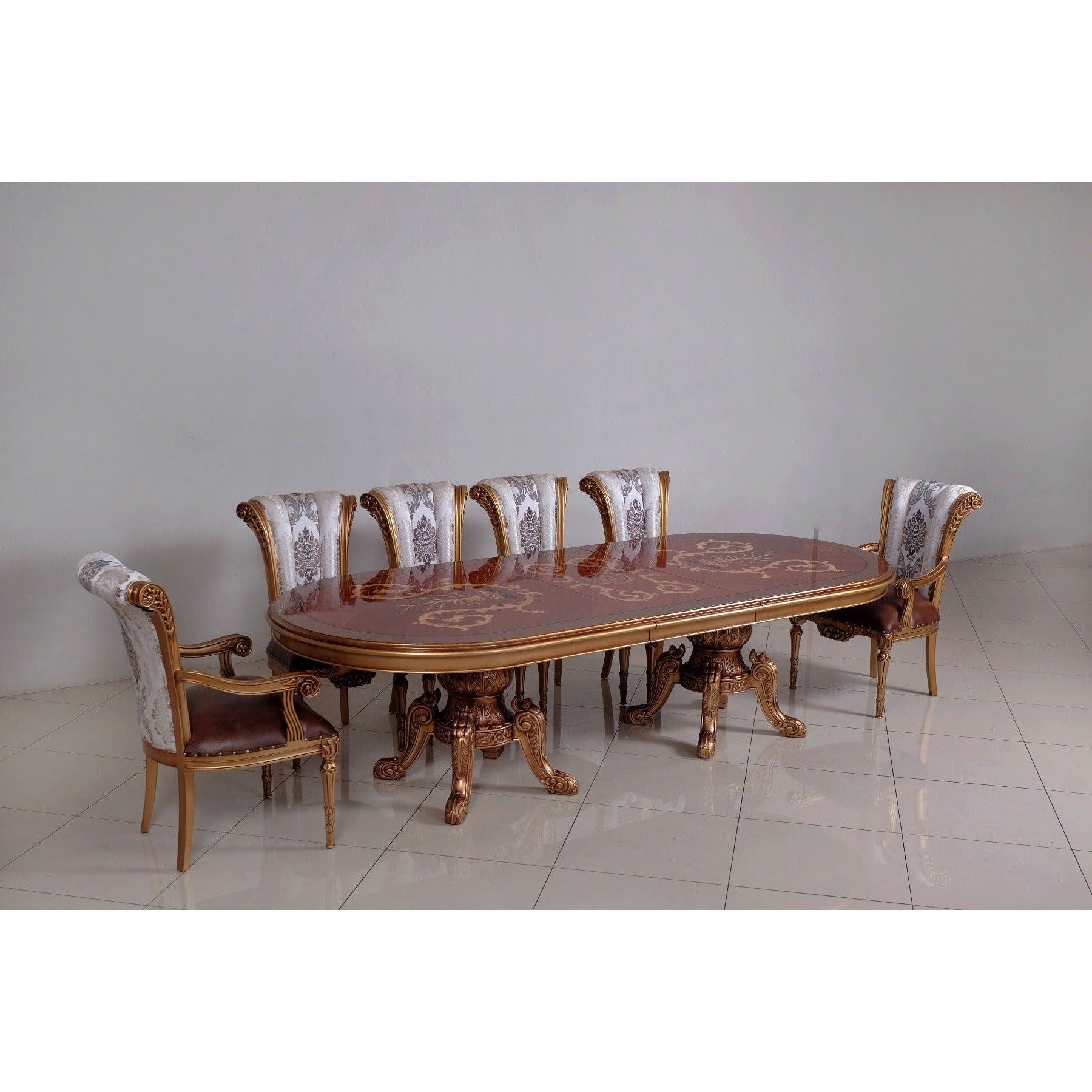 European Furniture - Maggiolini 9 Piece Dining Room Set in Brown and Gold Leaf - 61952-9SET - New Star Living