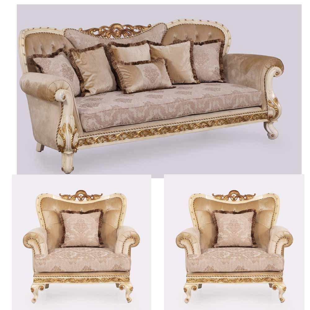 European Furniture - Fantasia 3 Piece Luxury Living Room Set in Antique Beige with Dark Gold Leaf - 40017-S2C - New Star Living
