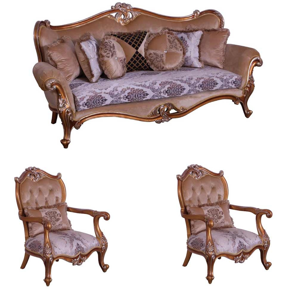 European Furniture - Augustus II 3 Piece Luxury Sofa Set in Light Gold & Antique Silver - 37059-S2C - New Star Living