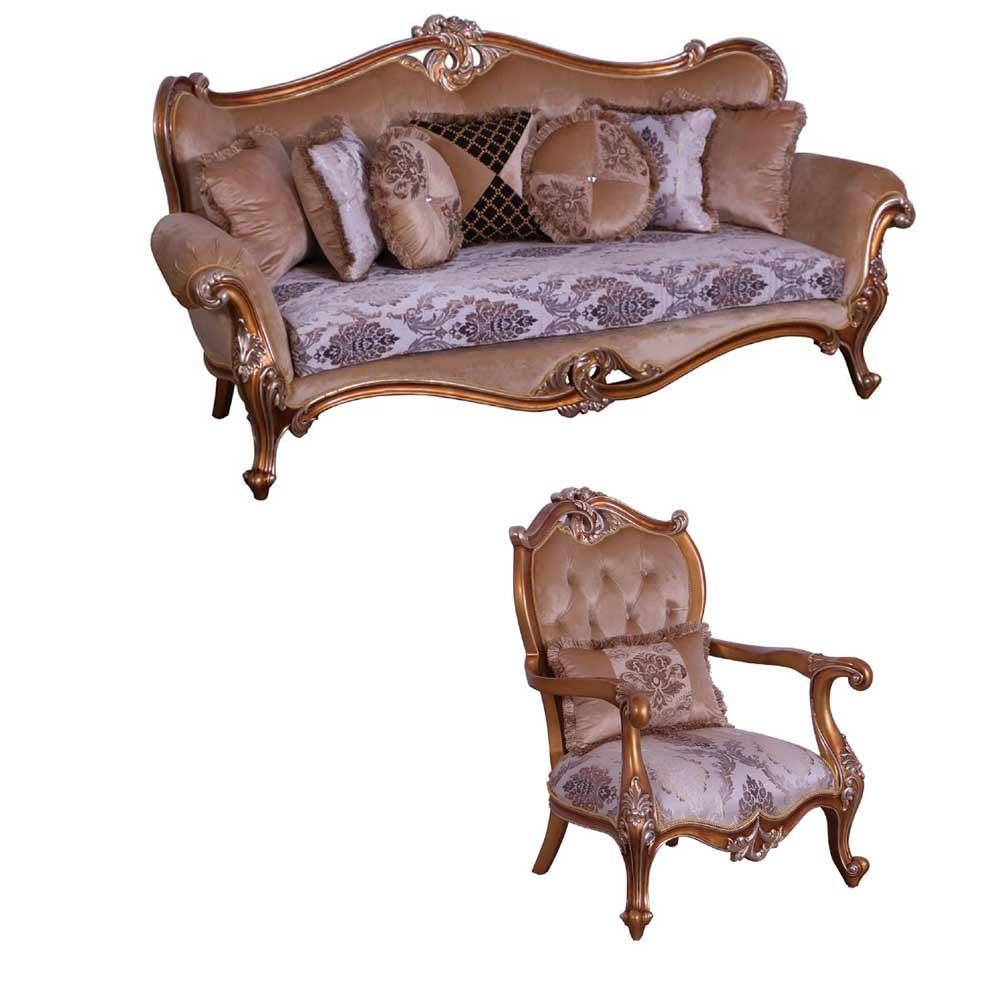 European Furniture - Augustus II 2 Piece Luxury Sofa Set in Light Gold & Antique Silver - 37059-SC - New Star Living