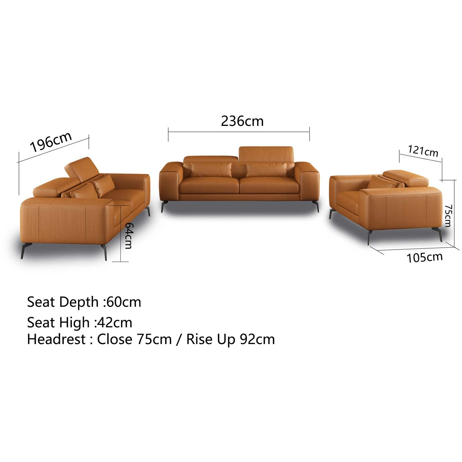 European Furniture - Cavour 3 Piece Living Room Set in Cognac - 12551-3SET - New Star Living