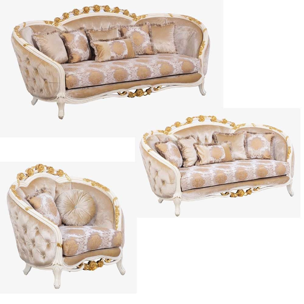 European Furniture - Valentine 3 Piece Luxury Living Room Set in Beige With Dark Gold Leafs - 45010-SLC - New Star Living