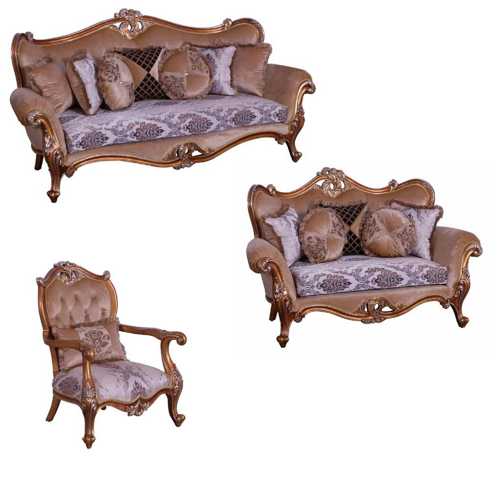 European Furniture - Augustus II 3 Piece Luxury Living Room Set in Light Gold & Antique Silver - 37059-SLC - New Star Living