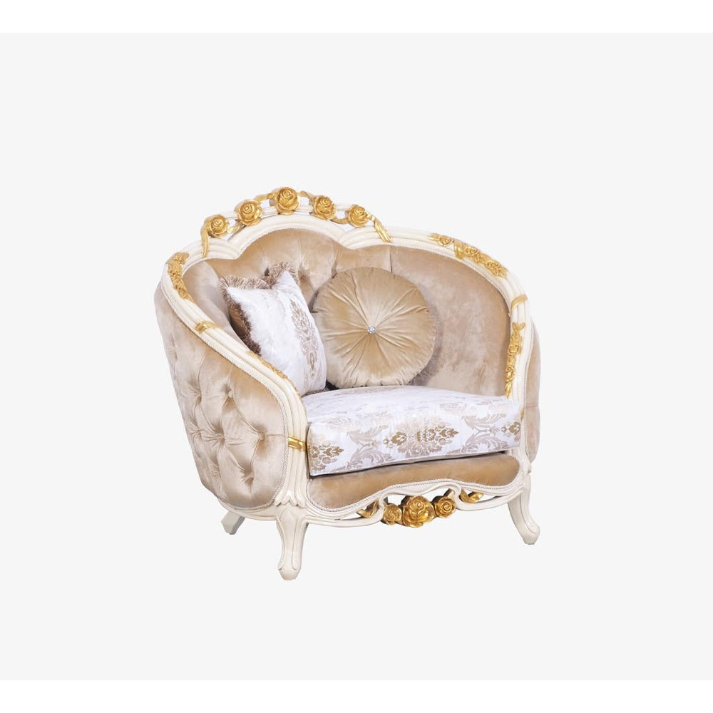 European Furniture - Valentine II 2 Piece Luxury Sofa Set in Beige With Dark Gold Leafs - 45012-SC - New Star Living