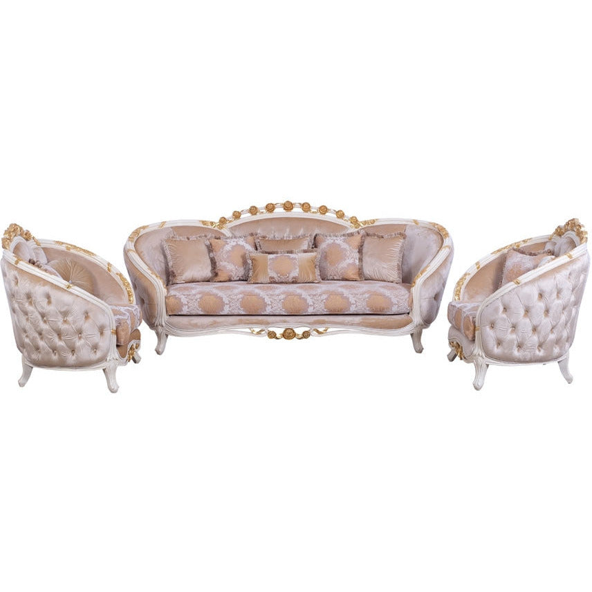 European Furniture - Valentine 2 Piece Luxury Sofa Set in Beige With Dark Gold Leafs - 45010-SC - New Star Living