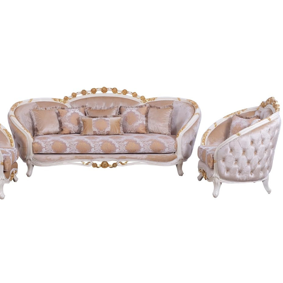 European Furniture - Valentine 2 Piece Luxury Sofa Set in Beige With Dark Gold Leafs - 45010-SC - New Star Living
