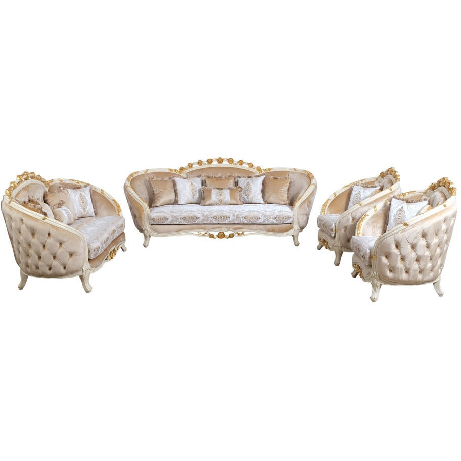 European Furniture - Valentine II 4 Piece Luxury Living Room Set in Beige With Dark Gold Leafs - 45012-SL2C - New Star Living