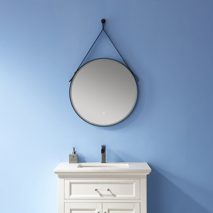 Vinnova 24'' Hanging Traditional Black Leather Round Wall Mirror - 805024C-LED-BL - New Star Living