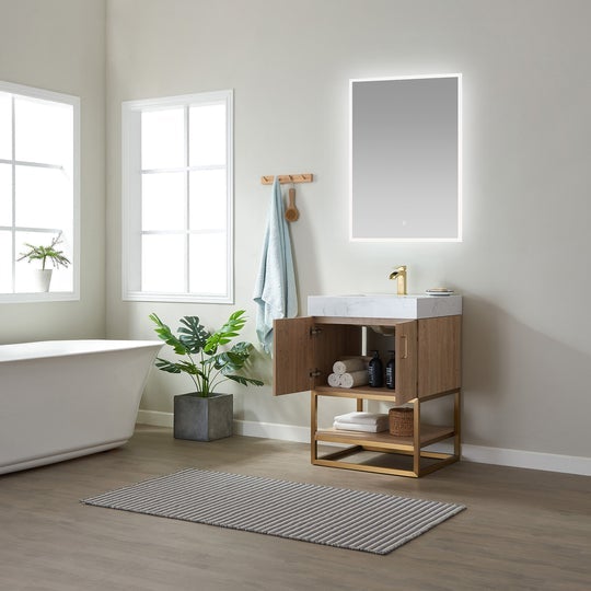 Vinnova Alistair 24" Single Vanity in North American Oak with White Grain Stone Countertop With Mirror - 789024-NO-GW - New Star Living