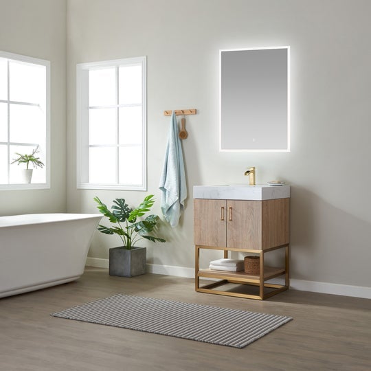 Vinnova Alistair 24" Single Vanity in North American Oak with White Grain Stone Countertop With Mirror - 789024-NO-GW - New Star Living