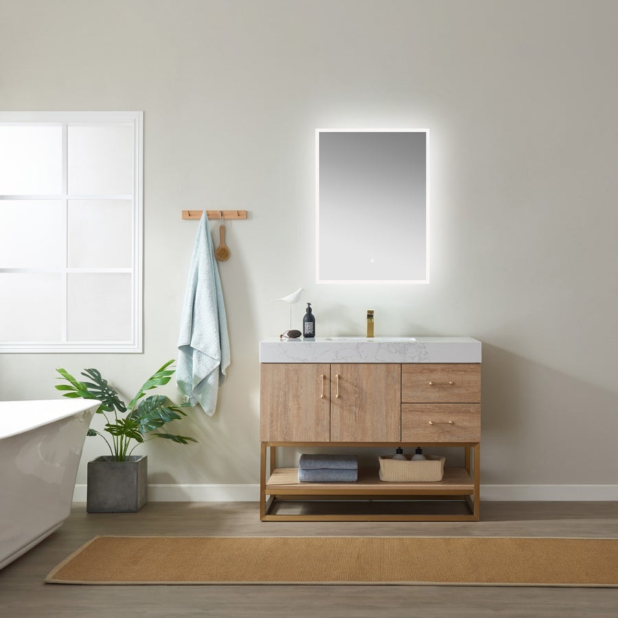 Vinnova Alistair 42" Single Vanity in North American Oak with White Grain Stone Countertop With Mirror -789042-NO-GW - New Star Living