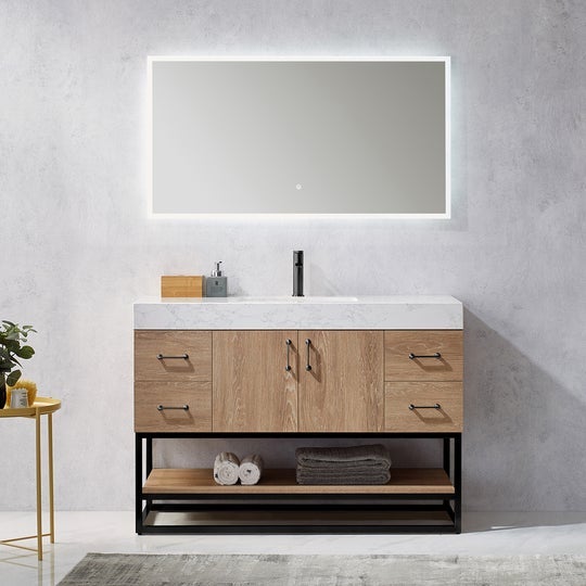 Vinnova Alistair 42B" Single Vanity in North American Oak with White Grain Stone Countertop With Mirror -789042B-NO-GW - New Star Living
