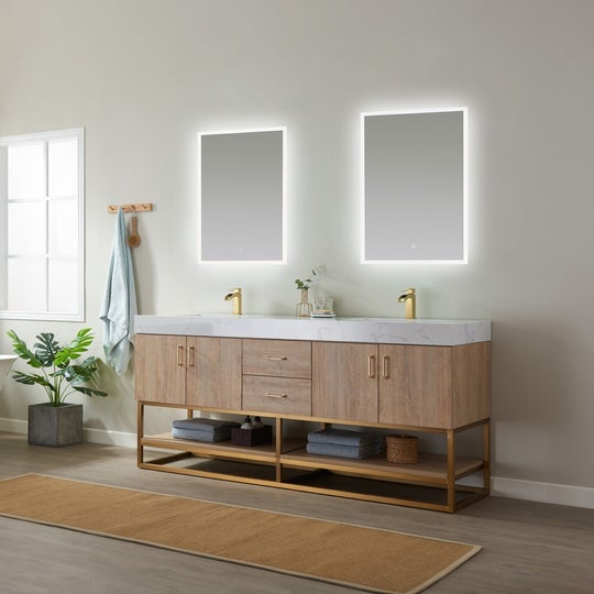 Vinnova Alistair 60B" Double Vanity in North American Oak with White Grain Stone Countertop With Mirror -789060B-NO-GW - New Star Living