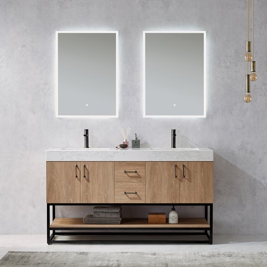 Vinnova Alistair 60B" Double Vanity in North American Oak with White Grain Stone Countertop With Mirror -789060B-NO-GW - New Star Living