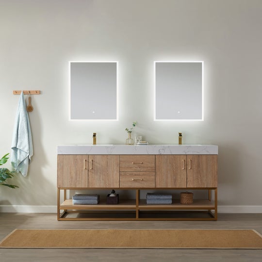 Vinnova Alistair 72" Double Vanity in North American Oak with White Grain Stone Countertop With Mirror -789072-NO-GW - New Star Living