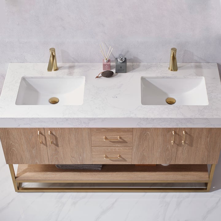 Vinnova Alistair 72B" Double Vanity in North American Oak with White Grain Stone Countertop Without Mirror -789072B-NO-GW-NM - New Star Living