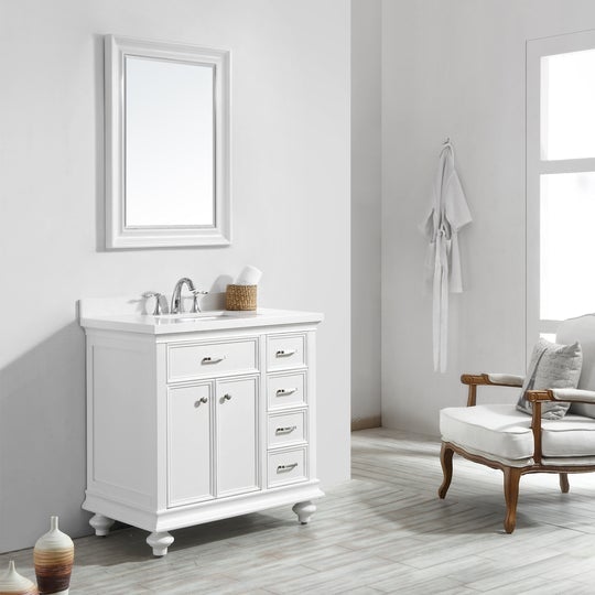 Vinnova Charlotte 36" Vanity in White with Carrara Quartz Stone Top With Mirror -735036-WH-CQS - New Star Living