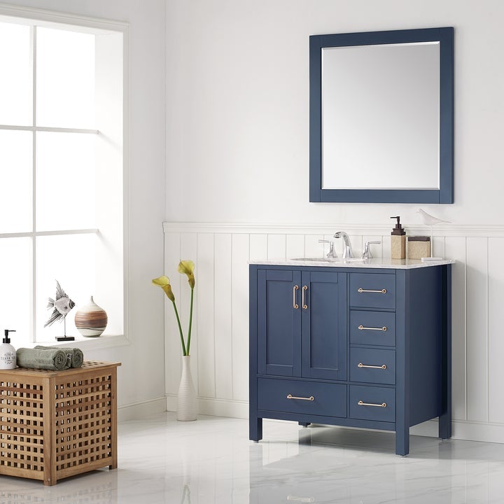 Vinnova Gela 36" Single Vanity in Royal Blue with Carrara White Marble Countertop With Mirror -723036-RB-CA - New Star Living