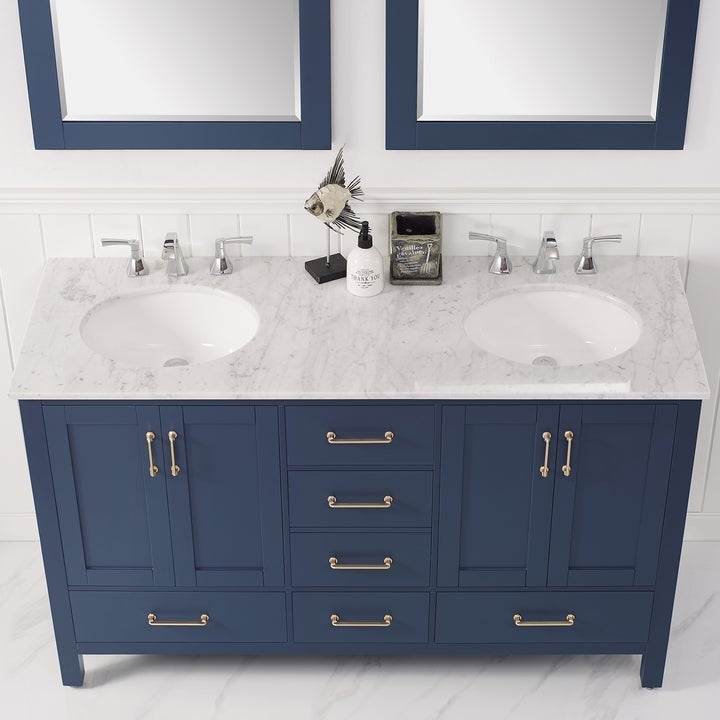 Vinnova Gela 72" Double Vanity in Royal Blue with Carrara White Marble Countertop With Mirror -723072-RB-CA - New Star Living