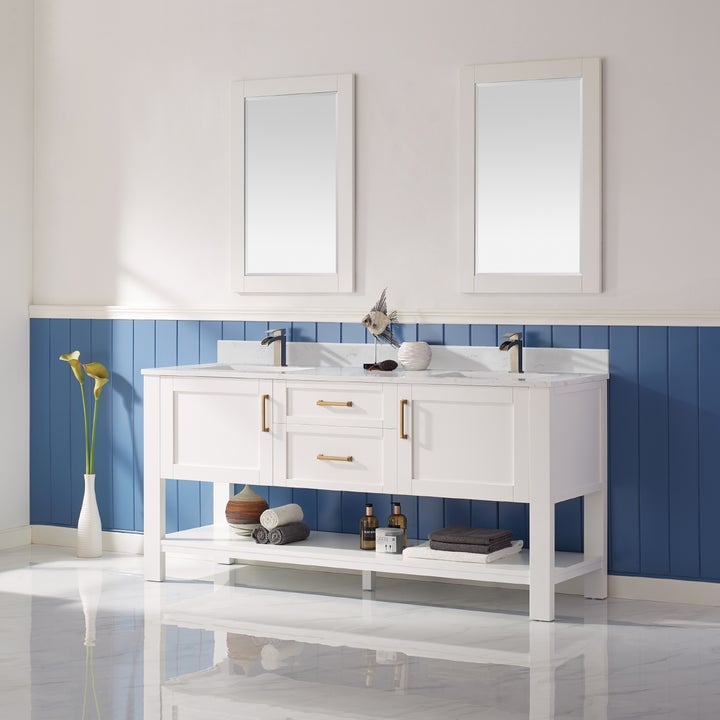 Vinnova Grayson 72" Double Vanity in White and Composite Carrara White Stone Countertop With Mirror - 784072-WH-WS - New Star Living